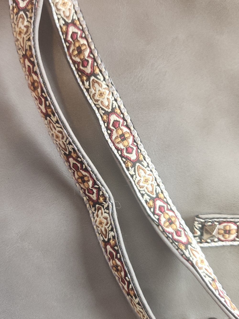 Gray Southwestern Tote Bag w turquois & Silver studs & Embroidered Floral Straps - Picture 3 of 11
